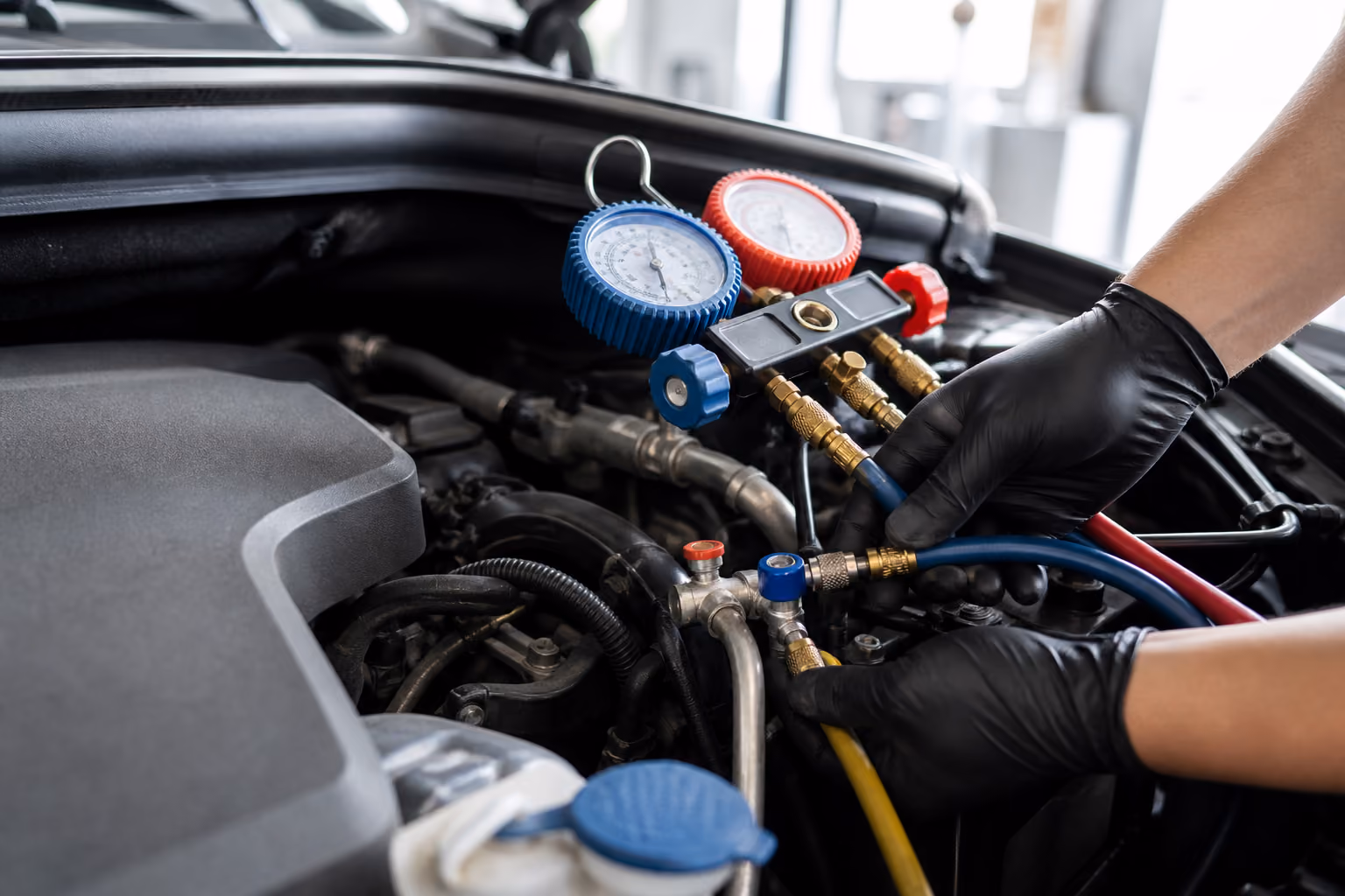 Illustration of car AC service with a manifold gauge