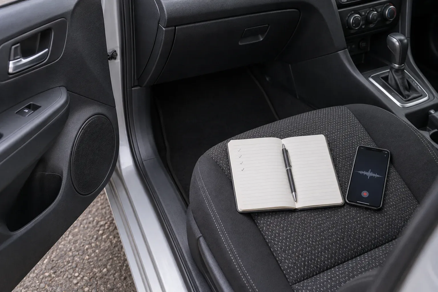 Buku catatan dan rekaman suara di kursi penumpang dekat speaker pintu mobil
