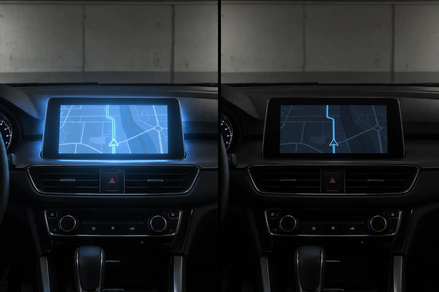 Perbandingan halaman peta yang sama pada layar head unit terlalu terang dan lebih redup di mobil terparkir