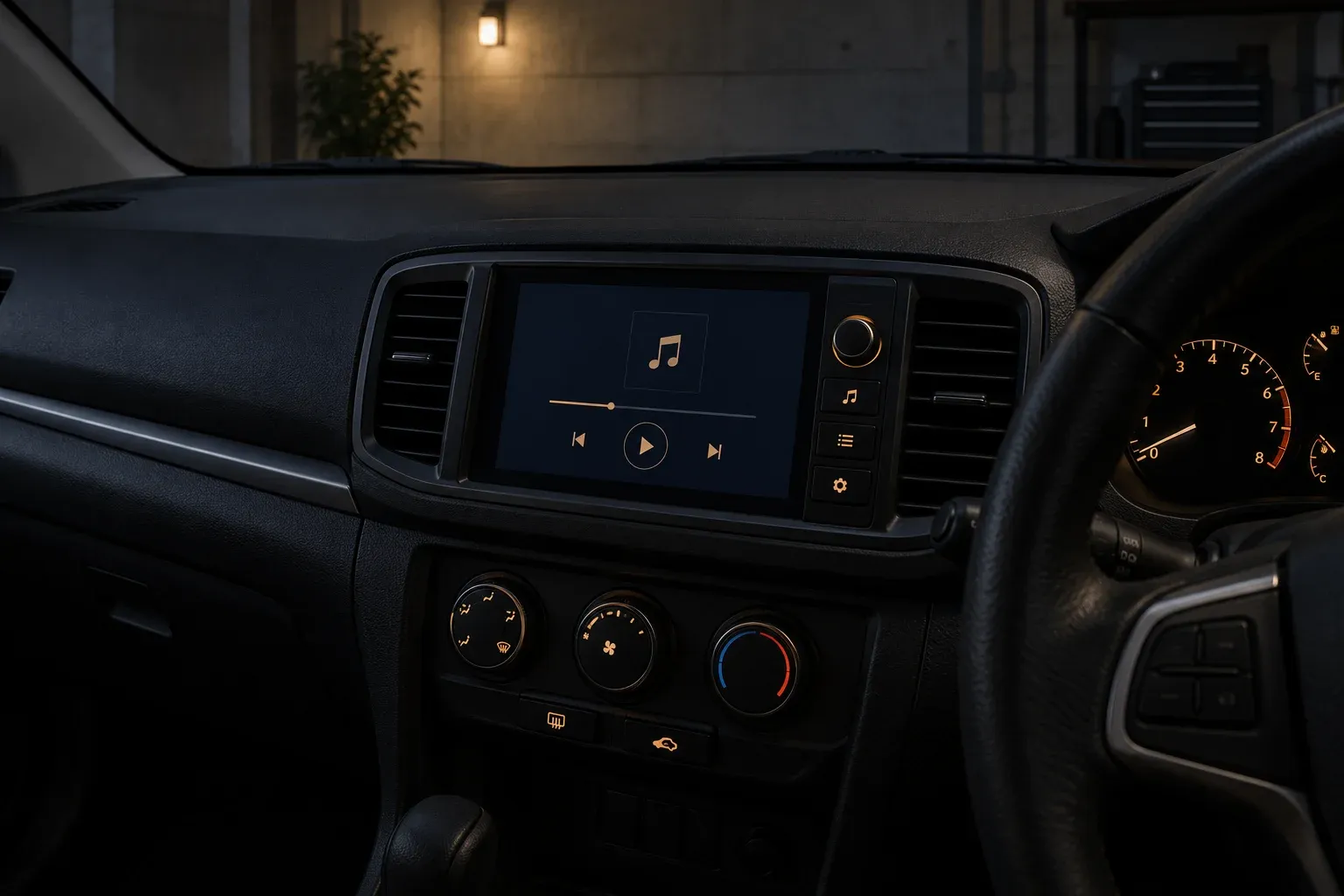 Layar head unit dengan tampilan gelap dan kontrol redup pada mobil yang diparkir malam hari