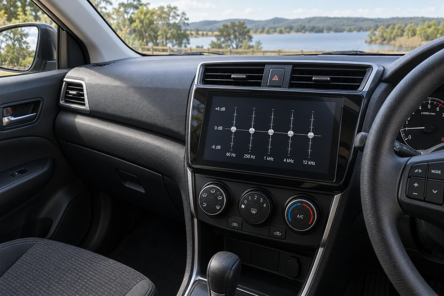Layar equalizer netral pada head unit mobil terparkir