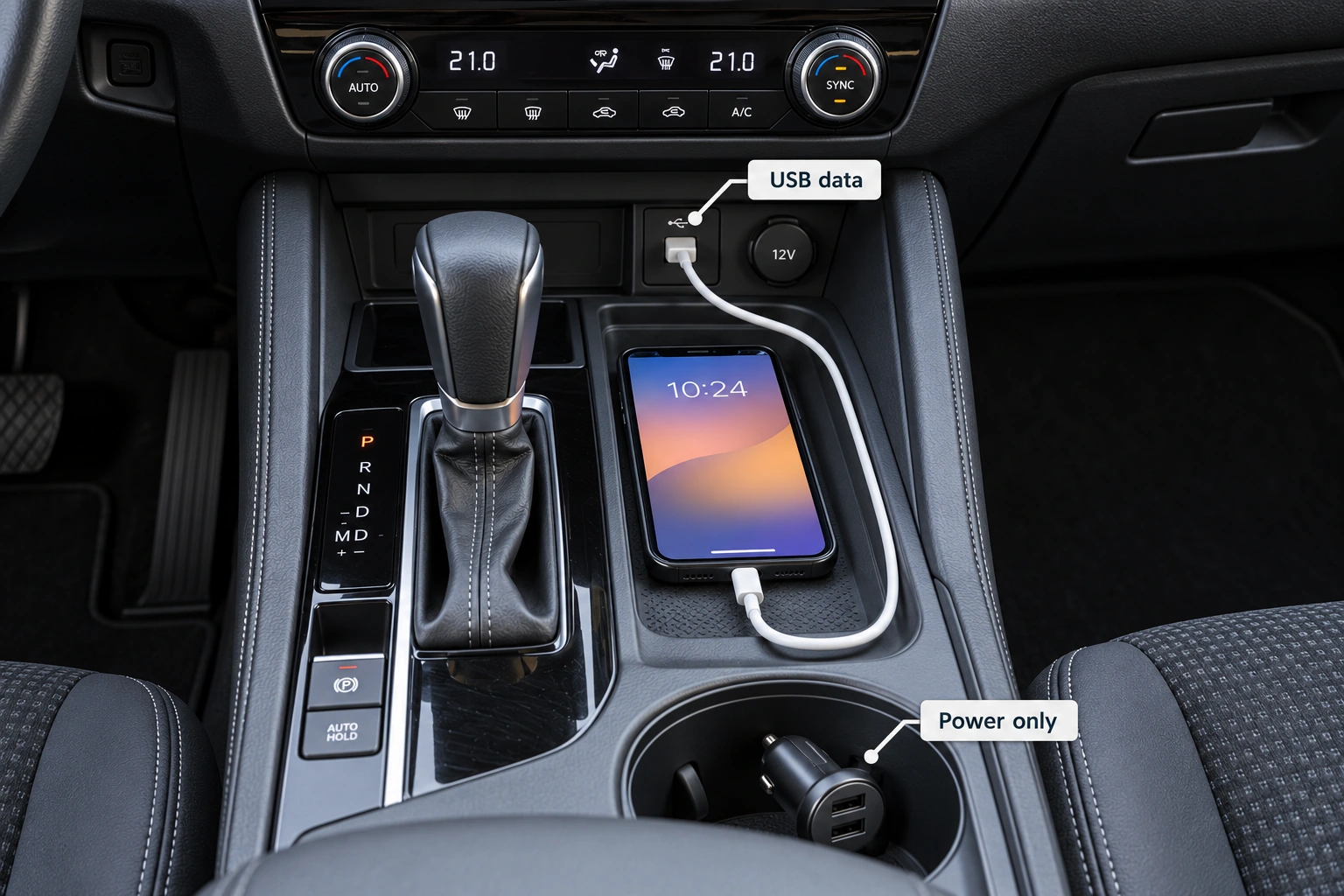 Kabel data menghubungkan ponsel dengan port head unit yang sesuai